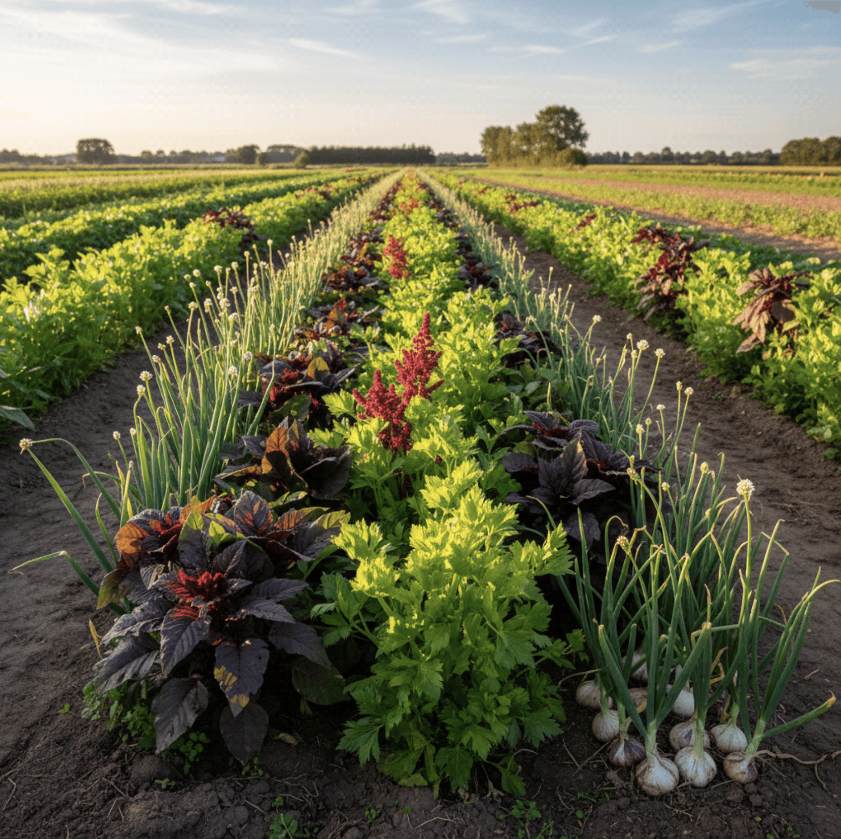 A polyculture field showing rows of diverse crops including onions, celery, and red amaranth.