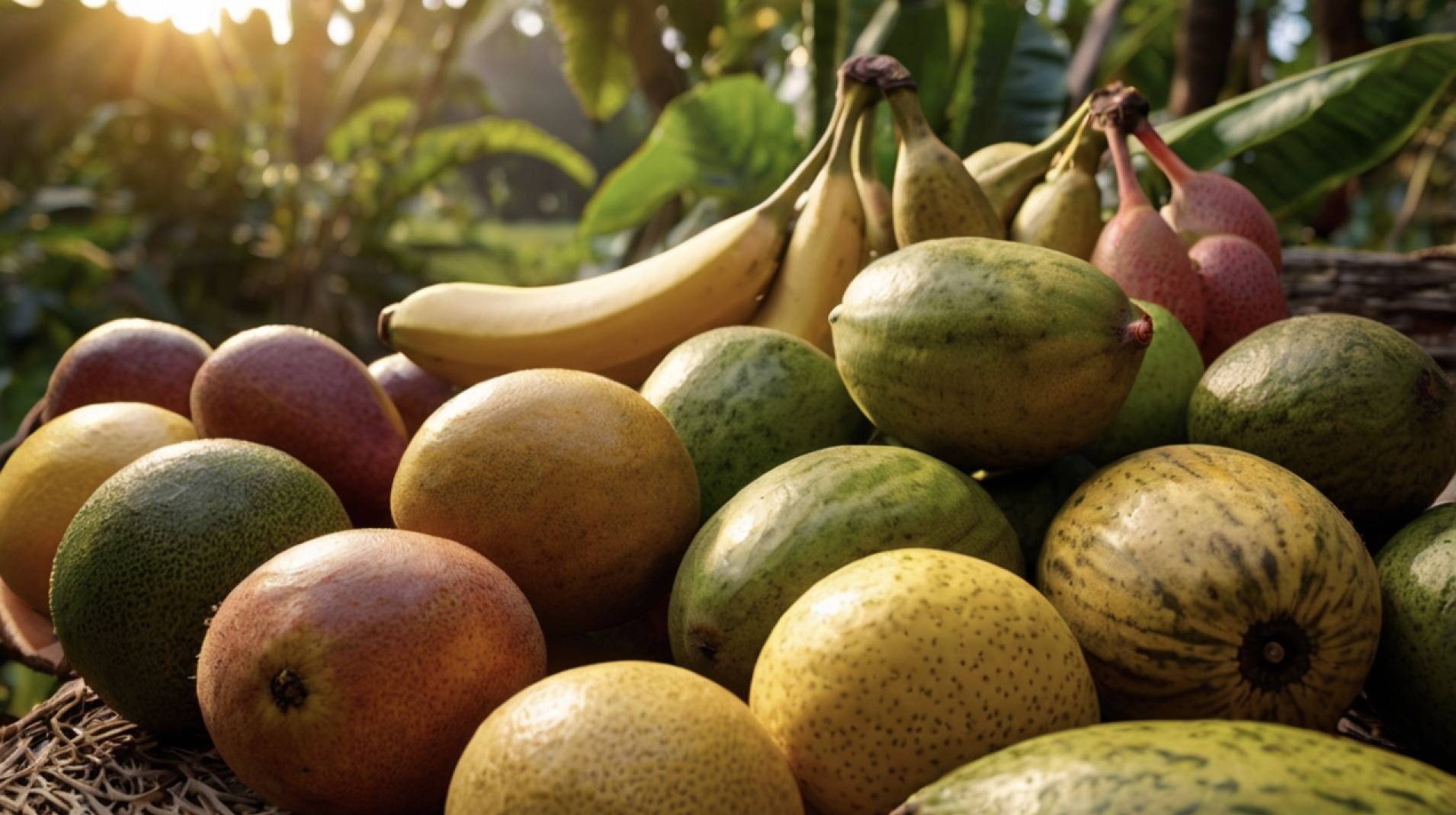 A selection of organic tropical fruits, including bananas, mangoes, and papayas, grown pesticide-free using Integrated Trophic Design.